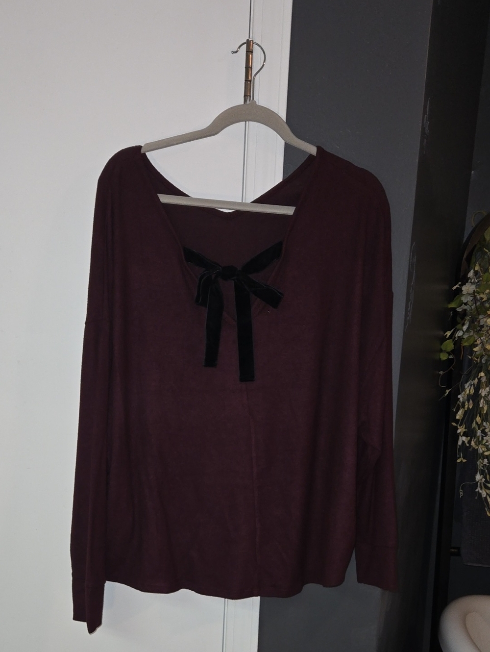 Maurices Velvet Bow Long Sleeve Top - Plum